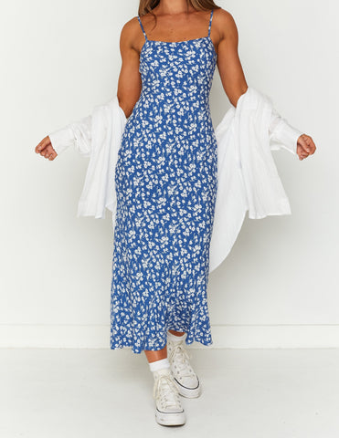 Sonicelife-Delphine Blue Floral Midi Dress