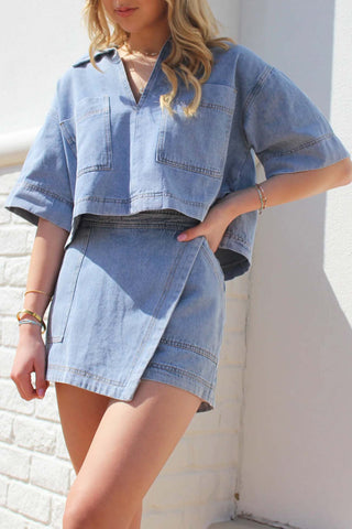 Sonicelife-Denim Pocket V Neck Lapel Skorts Set