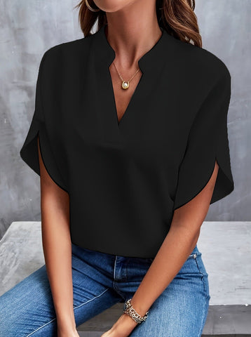 Sonicelife-Elegant Short Sleeve Deep Notch V Neck Blouse