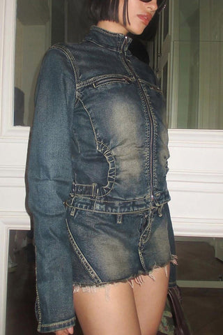 Sonicelife-Distressed Denim Jacket Skirt Suits