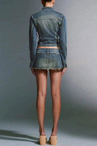 Sonicelife-Distressed Denim Jacket Skirt Suits