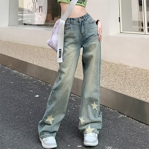 Sonicelife Distressed Star Print Wide-leg Jeans