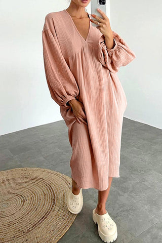 Sonicelife Double Crepe V Neck Puff Sleeve Loose Dress