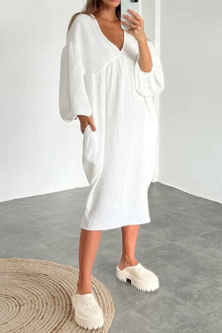 Sonicelife Double Crepe V Neck Puff Sleeve Loose Dress