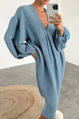 Sonicelife Double Crepe V Neck Puff Sleeve Loose Dress