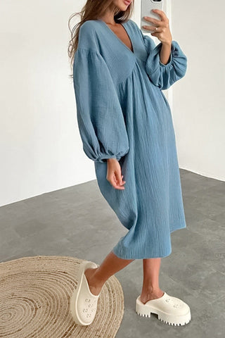 Sonicelife Double Crepe V Neck Puff Sleeve Loose Dress