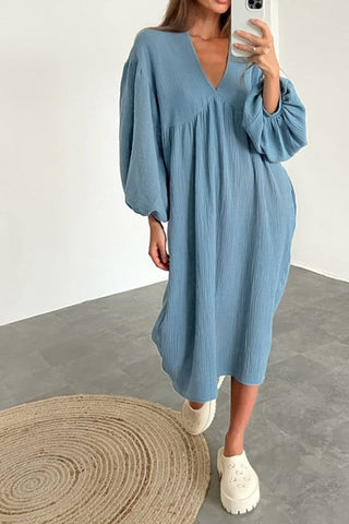 Sonicelife Double Crepe V Neck Puff Sleeve Loose Dress