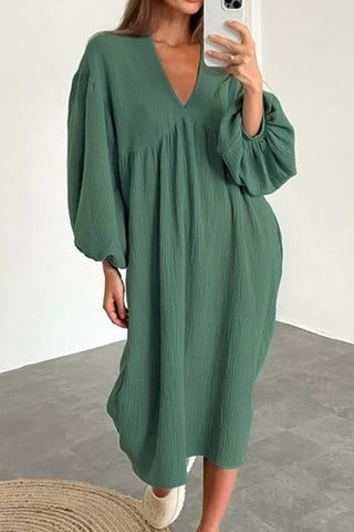 Sonicelife Double Crepe V Neck Puff Sleeve Loose Dress