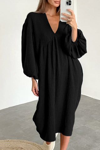 Sonicelife Double Crepe V Neck Puff Sleeve Loose Dress