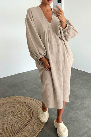 Sonicelife Double Crepe V Neck Puff Sleeve Loose Dress