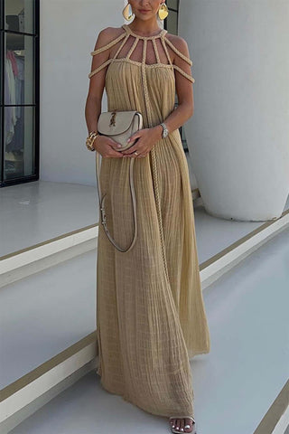 Sonicelife-Draped Woven Halterneck Backless Maxi Dress