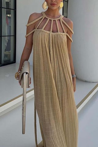 Sonicelife-Draped Woven Halterneck Backless Maxi Dress