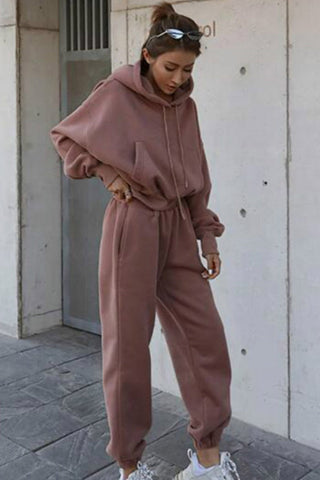 Sonicelife-Drawstring Hoodie Crop Top & Jogger Pants