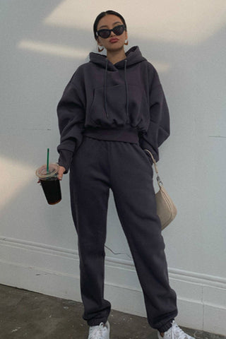 Sonicelife-Drawstring Hoodie Crop Top & Jogger Pants