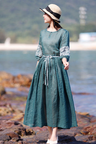 Sonicelife Emerald Embroidery Ramie Dress