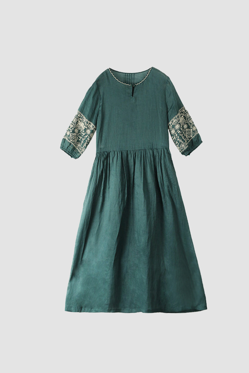 Sonicelife Emerald Embroidery Ramie Dress