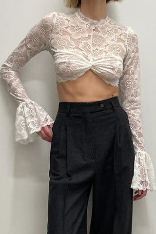 Sonicelife-Flare Sleeve Crochet Crop Top