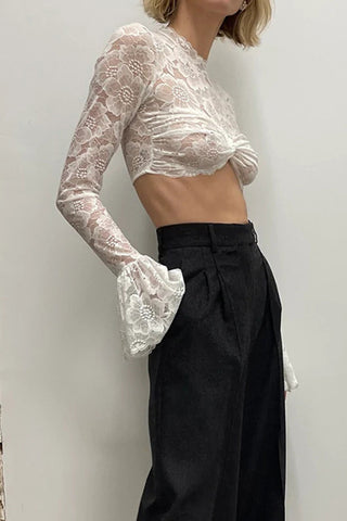 Sonicelife-Flare Sleeve Crochet Crop Top