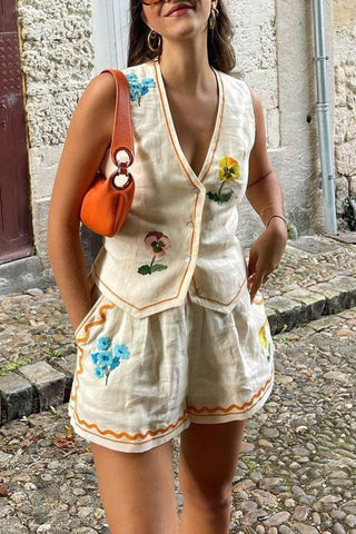 Sonicelife-Floral Embroidery Tank Shorts Suits