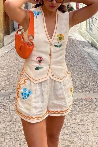Sonicelife-Floral Embroidery Tank Shorts Suits