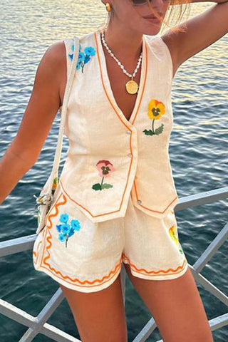 Sonicelife-Floral Embroidery Tank Shorts Suits