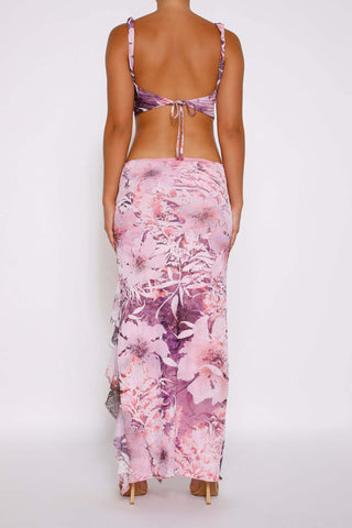 Sonicelife-Floral Print Cami Vest Ruffle Midi Skirt Suits