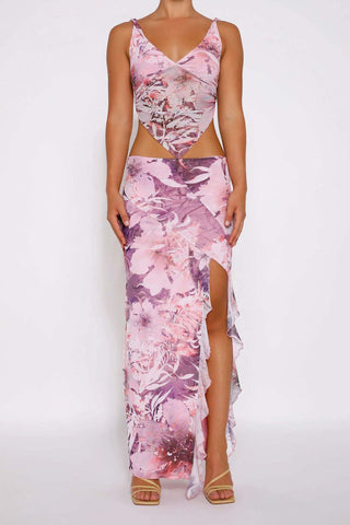 Sonicelife-Floral Print Cami Vest Ruffle Midi Skirt Suits