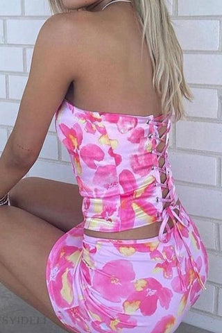 Sonicelife-Floral Print Crisscross Backless Strapless Crop Top Skirt Suits