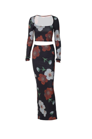 Sonicelife-Floral Print Crop Top Midi Skirt Suits