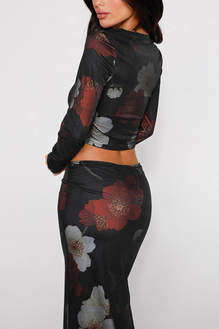 Sonicelife-Floral Print Crop Top Midi Skirt Suits