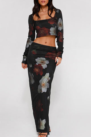 Sonicelife-Floral Print Crop Top Midi Skirt Suits