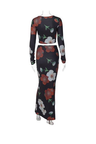 Sonicelife-Floral Print Crop Top Midi Skirt Suits