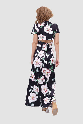 Sonicelife-V Neck Floral Printed Side Slit Two-Piece Dress