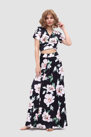 Sonicelife-V Neck Floral Printed Side Slit Two-Piece Dress