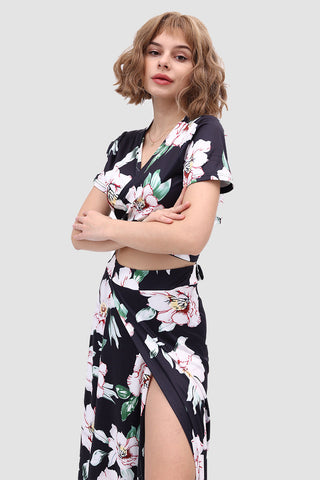 Sonicelife-V Neck Floral Printed Side Slit Two-Piece Dress