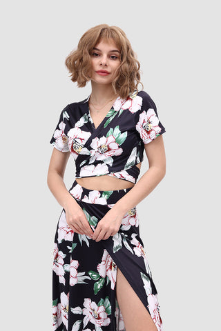 Sonicelife-V Neck Floral Printed Side Slit Two-Piece Dress