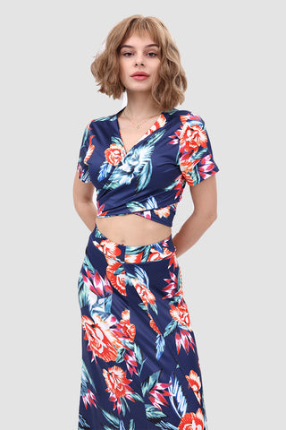 Sonicelife-V Neck Floral Printed Side Slit Two-Piece Dress