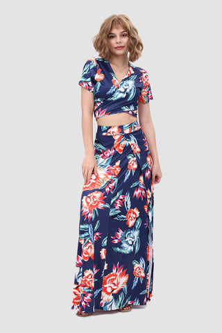 Sonicelife-V Neck Floral Printed Side Slit Two-Piece Dress