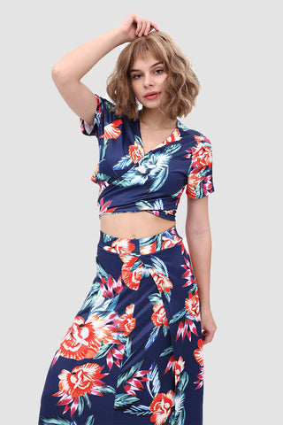 Sonicelife-V Neck Floral Printed Side Slit Two-Piece Dress