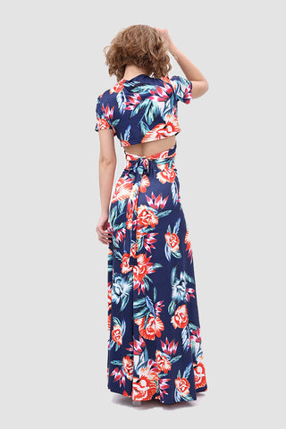 Sonicelife-V Neck Floral Printed Side Slit Two-Piece Dress