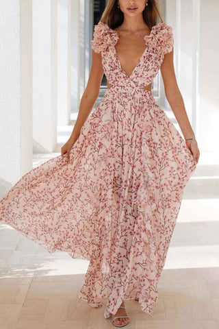 Sonicelife Floral V Neck Ruffled Cutout Backless Dress