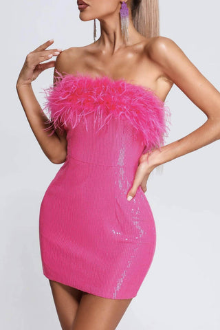 Sonicelife hoco dresses Fuzzy Strapless Sequins Pack Hip Dress