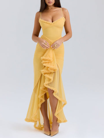 Sonicelife Gabbi Apricot Ruffled Front Dress