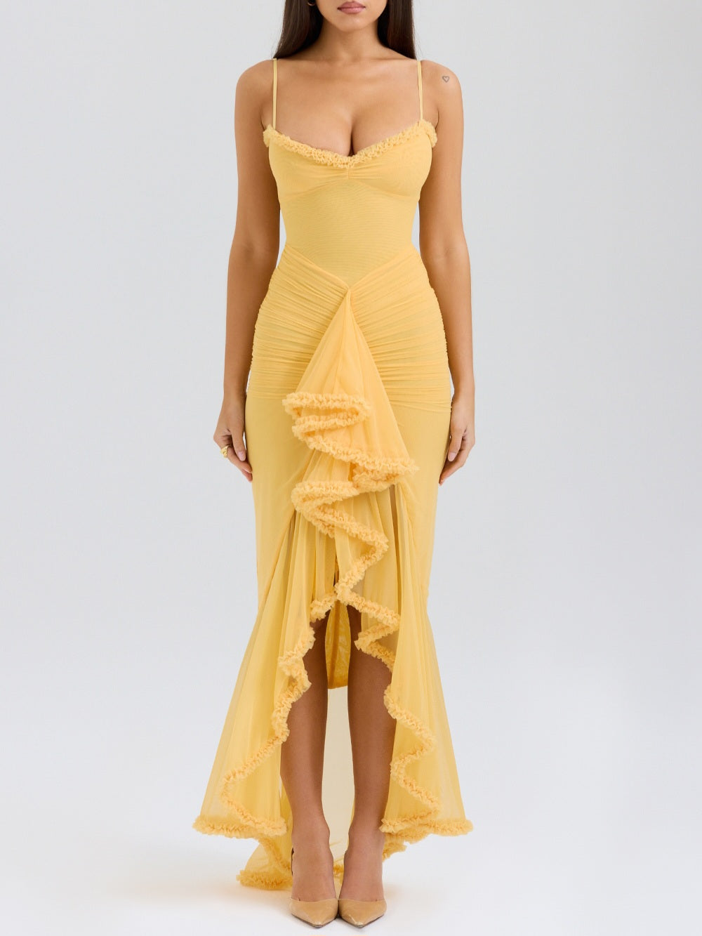 Sonicelife Gabbi Apricot Ruffled Front Dress
