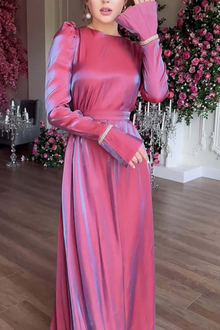 Sonicelife Glitter Glazed Satin Puff Sleeve Midi Dress