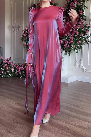 Sonicelife Glitter Glazed Satin Puff Sleeve Midi Dress