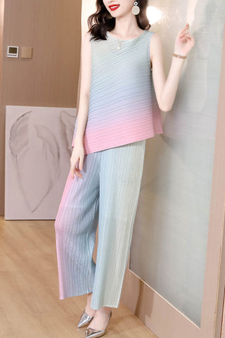 Sonicelife-Gradient Full Pleated Irregular Top & Wide Leg Pants