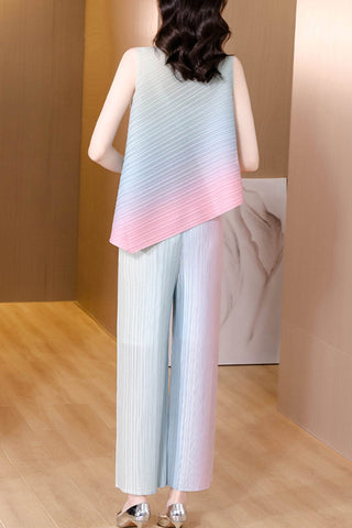 Sonicelife-Gradient Full Pleated Irregular Top & Wide Leg Pants