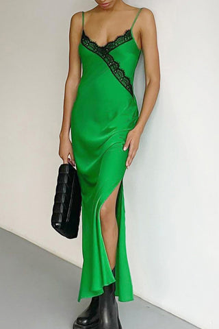 Sonicelife Green Lace Patchwork Satin Slit Dress