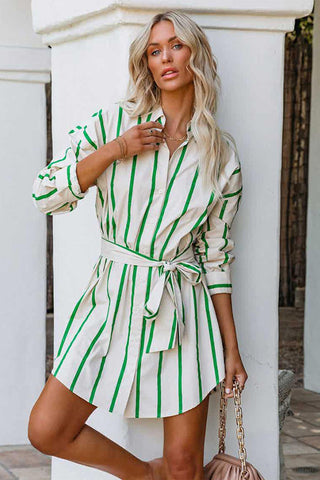 Sonicelife hoco dresses Green Striped Print Lace-up Shirt Dress